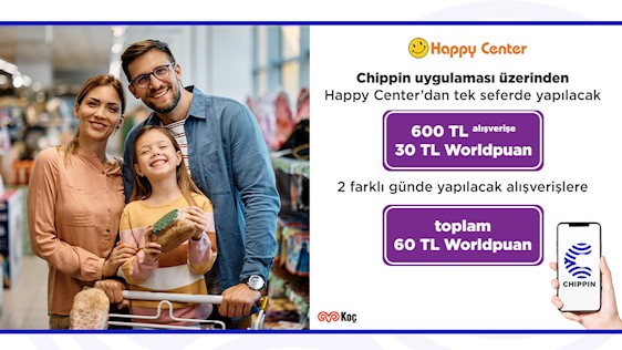 Chippin uygulaması üzerinden fiziki Happy Center Market’lerinde yapılacak alışverişlere toplam 60 TL değerinde fayda!