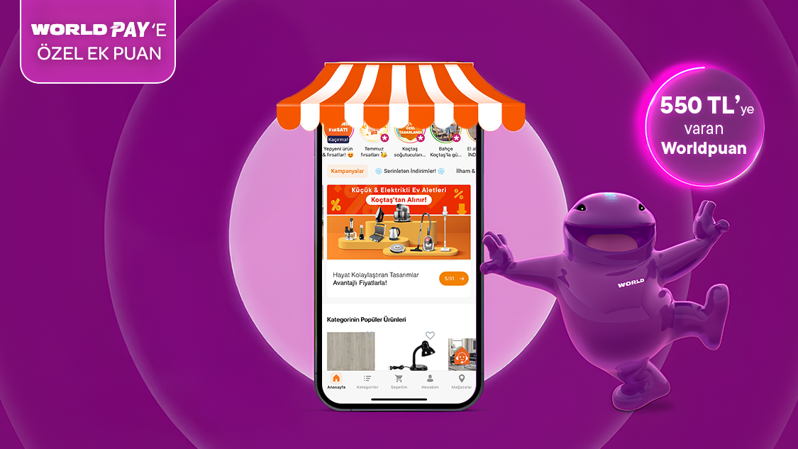 Koctas.com.tr ve Koçtaş mobil uygulamasından yapacağınız 3500 TL ve üzeri alışverişte 350 TL, World Pay ile ek 200 TL toplamda 550 TL’ye varan Worldpuan fırsatını kaçırmayın!
