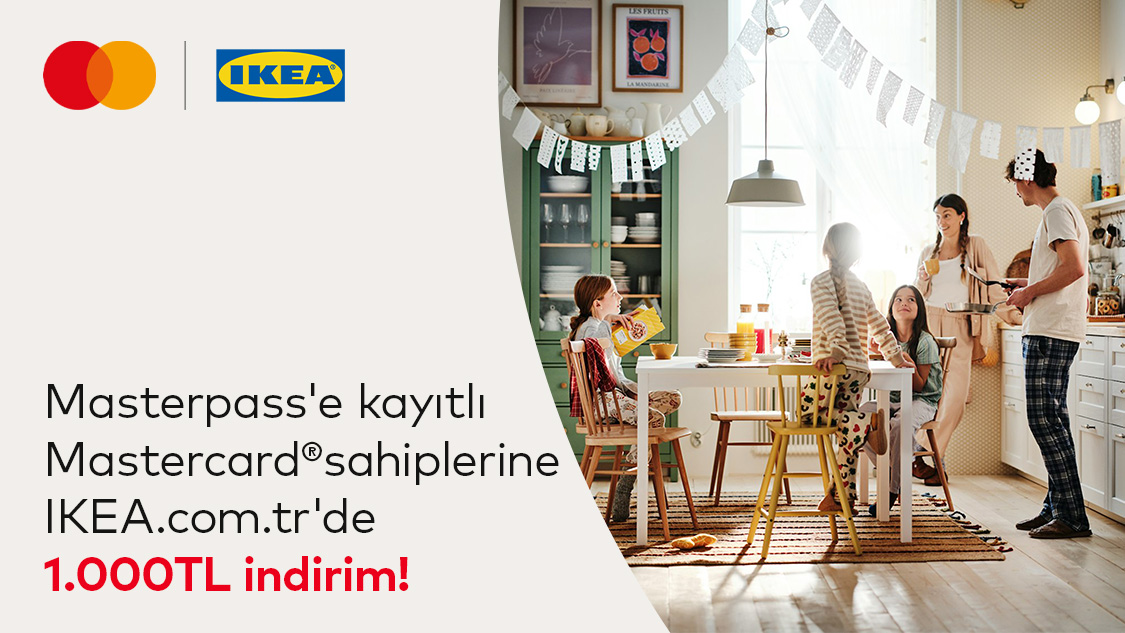 14 Kasım 2025 – 5 Ocak 2026 tarihleri arasında Masterpass’e kayıtlı Mastercard logolu Yapı Kredi banka kartı, ön ödemeli kart ve kredi kartı sahiplerine özel Ikea’da yapacakları 6.000 TL ve üzeri alışverişlerde 1.000 TL indirim fırsatı!