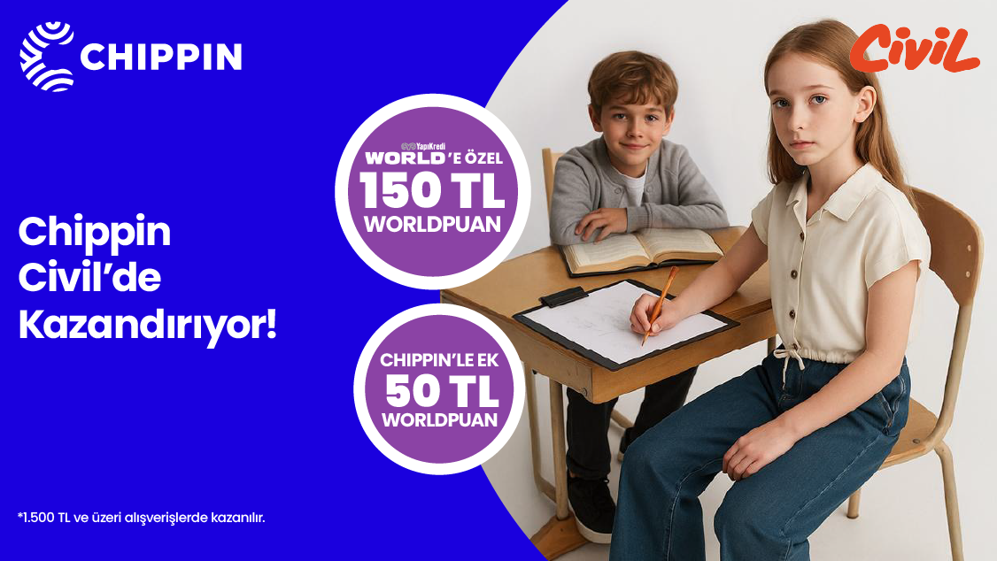 World’e özel Civil’den tek seferde yapılacak 1.500 TL ve üzeri alışverişe 150 TL değerinde Worldpuan! Üstelik Chippin uygulaması üzerinden Civil mağazalarında yapacağınız 1.500 TL ve üzeri alışverişe ek 50 TL Worldpuan!