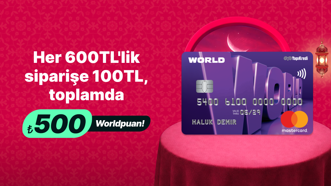 World’e özel Yemeksepeti web sitesi veya mobil uygulaması üzerinden Yemeksepeti, Yemeksepeti'ndeki marketler ve mağazalardan farklı günlerde tek seferde yapacağınız 600 TL ve üzeri online harcamanıza 100 TL, toplamda 500 TL Worldpuan!