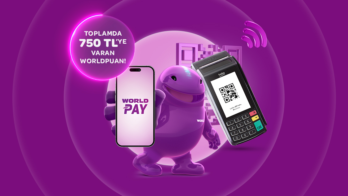 1-31 Ekim 2025 tarihleri arasında POS'ta TR Karekod veya NFC Mobil Ödeme ile yapacağınız 1.000 TL ve üzeri her işleminize 25 TL, toplamda 750 TL Worldpuan!