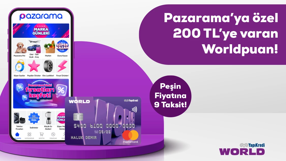 World’e özel 8-31 Temmuz 2024 tarihleri arasında 1.000 TL ve üzeri alışverişe 100 TL, 2.000 TL ve üzeri alışverişe 200 TL değerinde Worldpuan! Üstelik peşin fiyatına 9 taksit!