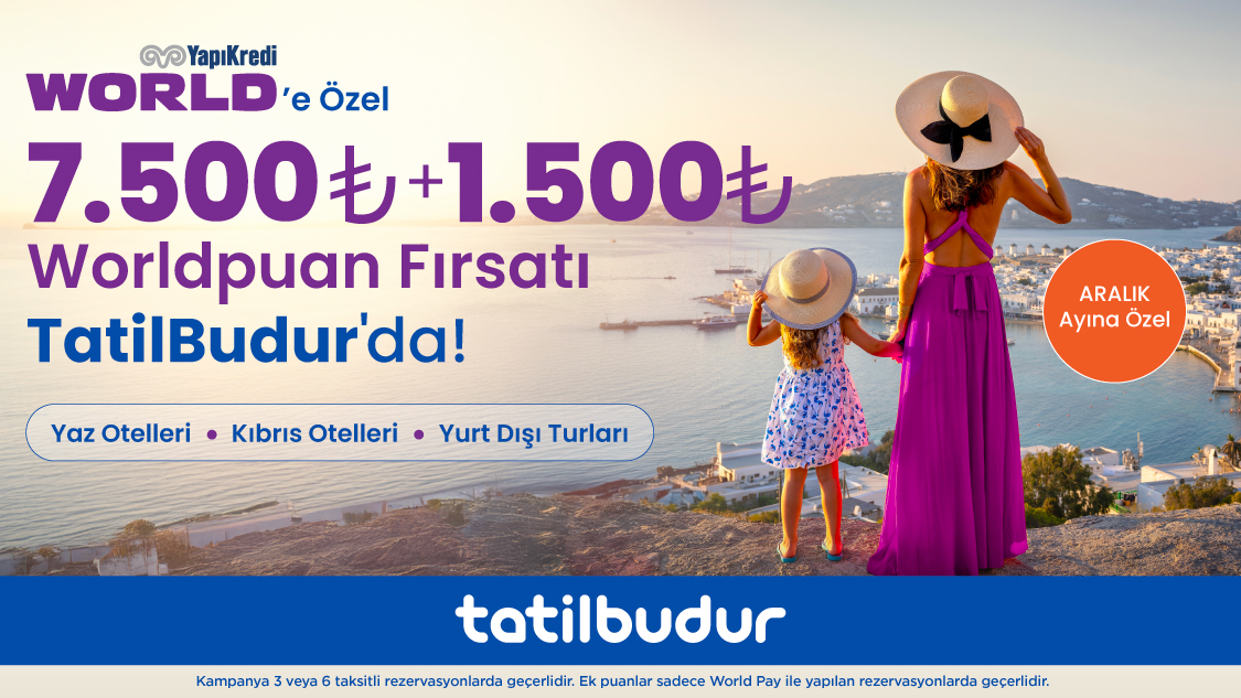 1-31 Aralık 2025 tarihleri arasında Tatilbudur.com, TatilBudur mobil uygulaması ,TatilBudur çağrı merkezi ve acenteler üzerinden  tek seferde yapılacak peşin, 3 taksitli veya 6 taksitli alışverişlerde yurt içi ve Kuzey Kıbrıs otel, yurt dışı tur rezervasyonlarında geçerli; 45.000 TL-69.999 TL arası harcamaya 2.500 TL, World Pay ile ek 500 TL; 70.000 TL - 119.999 TL arası harcamaya 5.000 TL, World Pay ile ek 1.000 TL; 120.000 TL ve üzeri harcamaya 7.500 TL, World Pay ile ek 1.500 TL Worldpuan!