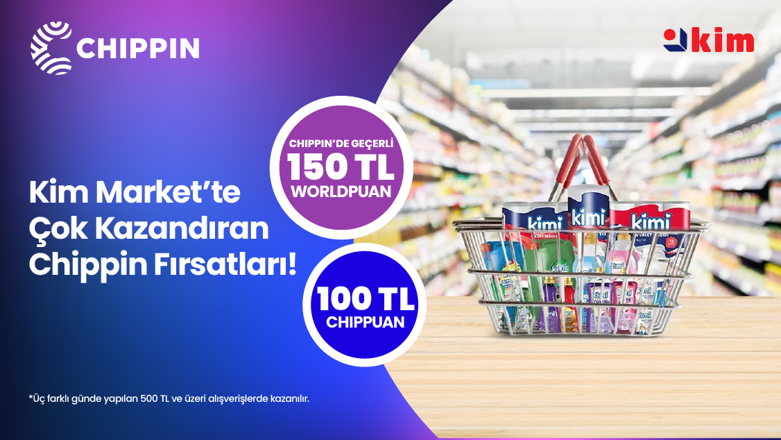 Chippin uygulaması üzerinden 1-30 Nisan 2025 tarihleri arasında Kim Market’lerinden 3 farklı günde yapacağınız 500 TL ve üzeri alışverişinize Chippin’de geçerli 150 TL Worldpuan ve 100 TL ChipPuan!