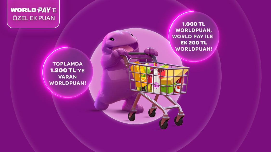 Gıda marketi, kasap, manav ve şarküteri sektörlerinde tek seferde yapacağınız 5.000 TL ve üzeri her alışverişinize 250 TL, World Pay ile ödemelerde ek 50 TL, toplamda 1.200 TL’ye varan Worldpuan hediye!