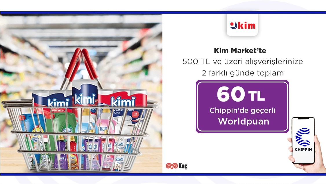 1-31 Temmuz 2024 tarihleri arasında fiziki Kim Market’lerinden tek seferde yapacağınız 500 TL ve üzeri alışverişlerinize 30 TL, 2 farklı günde yapılacak alışverişlere toplam Chippin’de geçerli 60 TL Worldpuan!