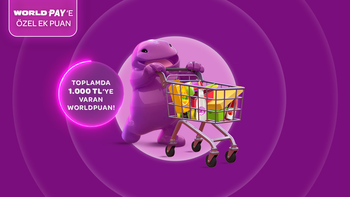 Gıda marketi, kasap, manav ve şarküteri sektörlerinde tek seferde yapacağınız ilk 2.000 TL ve üzeri alışverişinizden sonraki her 2.000 TL ve üzeri alışverişinize 75 TL, World Pay ile ödemelerde ek 25 TL, toplamda 1.000 TL’ye varan Worldpuan hediye!