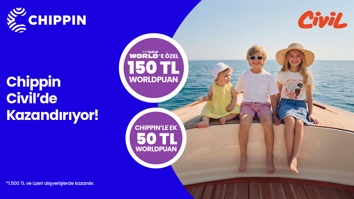 World’e özel Civil mağazalarından tek seferde yapılacak 1.500 TL ve üzeri alışverişe 150 TL, Chippin üzerinden yapılan ödemelere ek 50 TL, toplamda 200 TL’ye varan Worldpuan fırsatı!