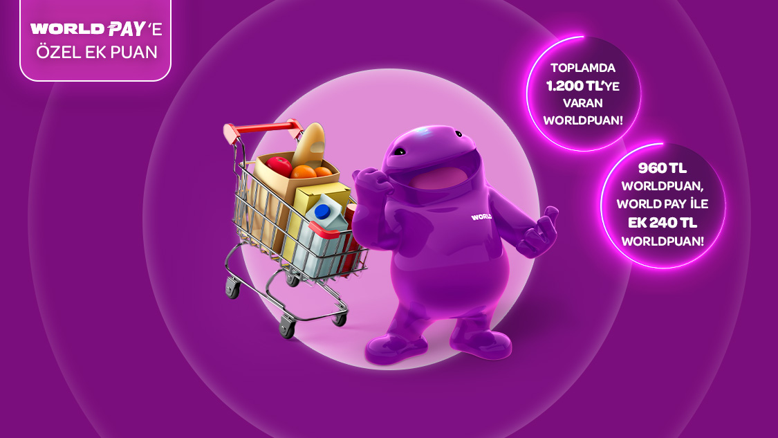 Gıda marketi, kasap, manav ve şarküteri sektörlerinde tek seferde yapacağınız her 2.000 TL ve üzeri alışverişinize toplamda 1.200 TL’ye varan Worldpuan hediye!