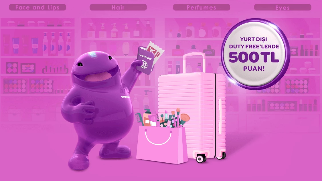 1 – 31 Temmuz tarihleri arasında yurt dışındaki Duty Free'lerde tek seferde yapacağınız her 3.000 TL ve üzeri harcamanıza 250 TL değerinde, toplamda 500 TL değerinde puan kazanma fırsatını kaçırmayın!