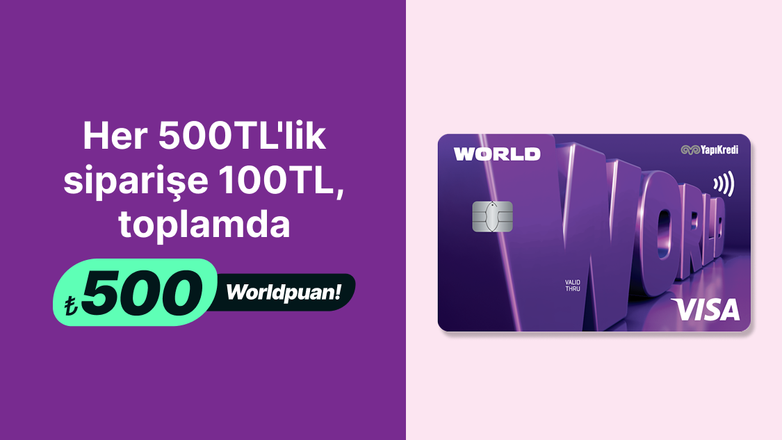 World’e özel Yemeksepeti web sitesi veya mobil uygulaması üzerinden Yemeksepeti, Yemeksepeti Market veya Yemeksepeti Mahalle'den farklı günlerde tek seferde yapacağınız 500 TL ve üzeri online harcamanıza 100 TL, toplamda 500 TL Worldpuan!