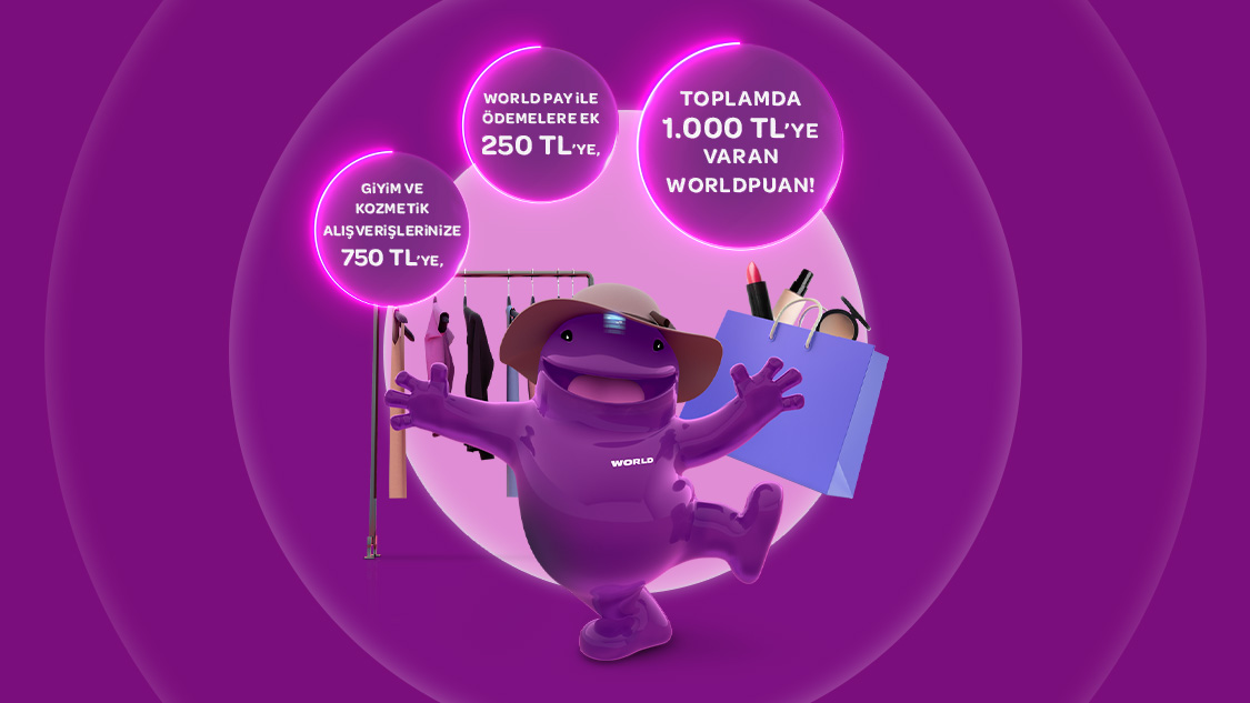 1-31 Mart tarihleri arasında giyim ve kozmetik sektöründeki ilk 2.500 TL ve üzeri alışverişinizden sonraki her 2.500 TL ve üzeri alışverişinize 75 TL, World Pay ile ödemelerde ek 25 TL, toplamda 1.000 TL’ye varan Worldpuan!