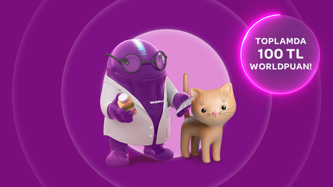 1-31 Ekim tarihlerinde yapacağınız 1.000 TL ve üzeri petshop ve veteriner harcamalarınıza 100 TL Worldpuan!