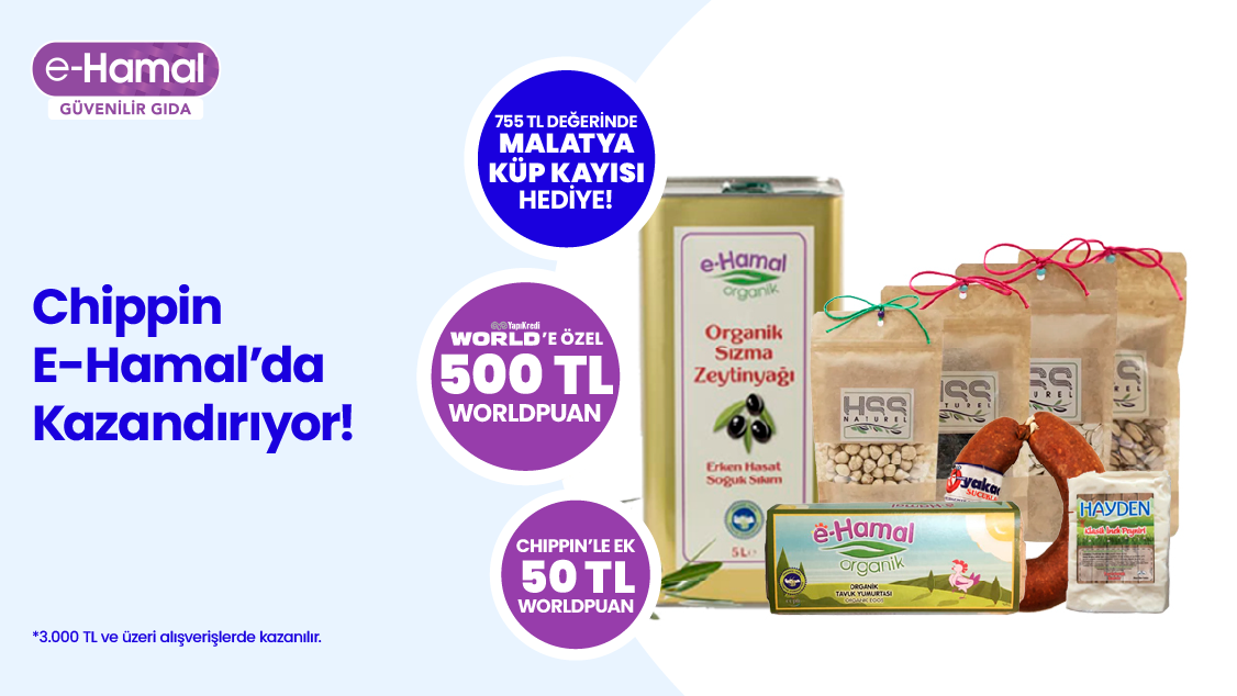 e-Hamal.com’da 3.000 TL alışverişinize 500 TL Worldpuan ve 755 TL değerinde Malatya Küp Kayısı! Üstelik Chippin uygulaması üzerinden e-Hamal.com’dan yapacağınız alışverişinize ek 50 TL Worldpuan!