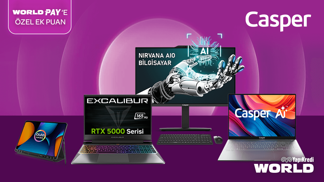 Casper’da 35.000 TL ve üzeri  alışverişlere 3.500 TL, World Pay ile yapılan ödemelerde ek 500 TL, toplamda 4.000 TL Worldpuan; 50.000 TL ve üzeri alışverişlere 5.000 TL, World Pay ile yapılan ödemelerde ek 1.000 TL, toplamda 6.000 TL Worldpuan!