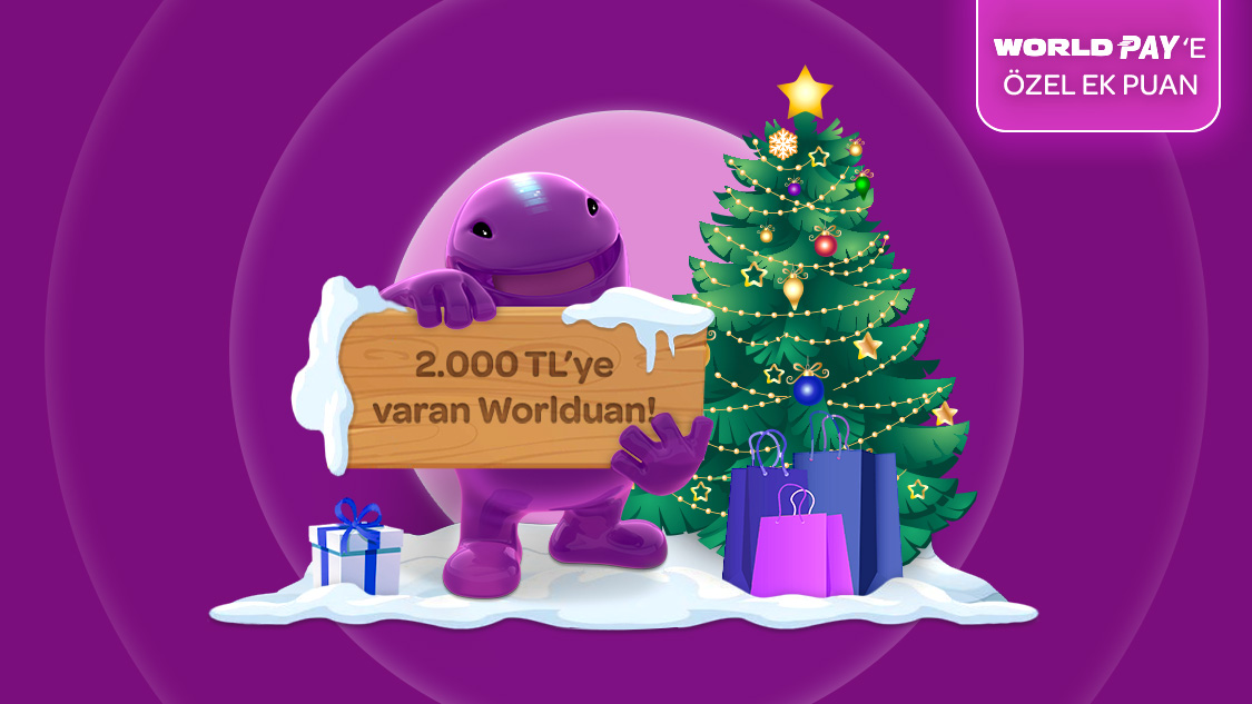 1-31 Aralık tarihleri arasında gıda, giyim, kozmetik sektörlerinden ve Amazon.com.tr, Dolap.com, Hepsiburada, n11, Idefix, Pazarama, PttAVM, Trendyol , TrendyolMilla web site ve mobil uygulamalarından yapacağınız her 2.500 TL ve üzeri alışverişe 150 TL, Pay ile ek 50 TL, toplamda 2.000 TL'ye varan Worldpuan!
