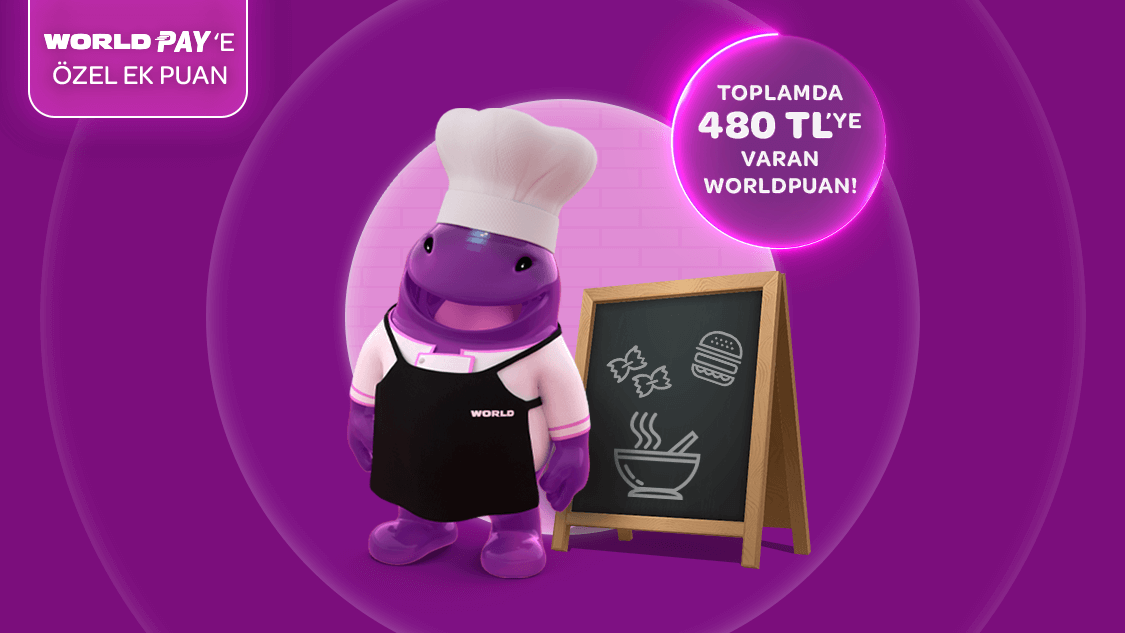 1-30 Kasım 2025 tarihleri arasında restoran sektöründe tek seferde yapacağınız her 2.000 TL ve üzeri harcamaya toplamda 480 TL’ye varan Worldpuan hediye!