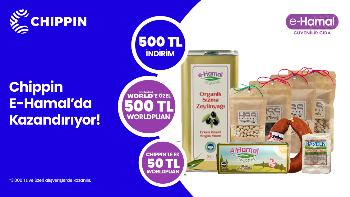 e-Hamal.com’da 3.000 TL alışverişinize 500 TL Worldpuan ve 500 TL indirim! Üstelik Chippin uygulaması üzerinden e-Hamal.com’dan yapacağınız alışverişinize ek 50 TL Worldpuan!