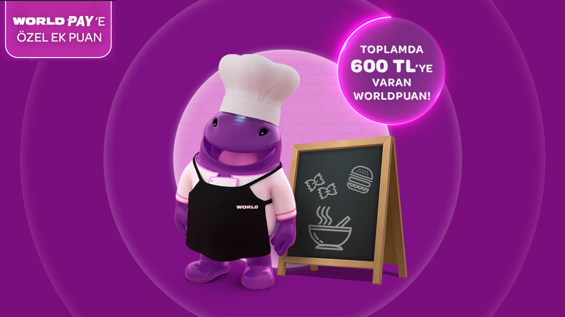 1-31 Mart 2026 tarihleri arasında restoran sektöründe tek seferde yapacağınız her 2.000 TL ve üzeri harcamaya toplamda 600 TL’ye varan Worldpuan hediye!
