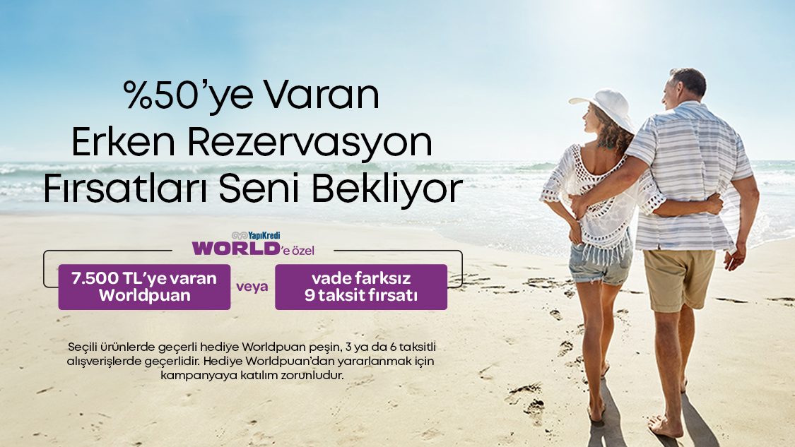 1-31 Mart 2025 tarihleri arasında yurt içi, Kuzey Kıbrıs otel ve yurt dışı tur rezervasyonlarınızda peşin, 3 taksitli veya 6 taksitli alışverişlerde  7.500 TL’ ye varan Worldpuan! 