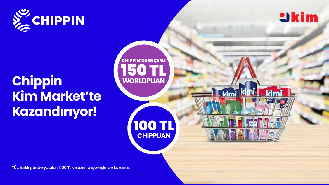 Chippin uygulaması üzerinden 5-31 Mayıs 2025 tarihleri arasında Kim Market’lerinden 3 farklı günde yapacağınız 500 TL ve üzeri alışverişinize Chippin’de geçerli 150 TL Worldpuan!