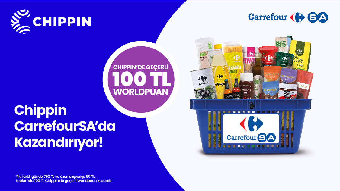 Chippin uygulaması üzerinden CarrefourSA marketlerinden ve carrefoursa.com’dan tek seferde yapılacak 750 TL ve üzeri alışverişe Chippin’de geçerli 50 TL Worldpuan, 2 farklı günde yapılacak alışverişlere Chippin’de geçerli toplamda 100 TL Worldpuan!