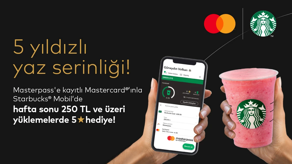 Mastercard logolu Yapı Kredi banka kartı, ön ödemeli kart ve kredi kartı sahiplerine Starbucks'da 5 yıldız hediye!