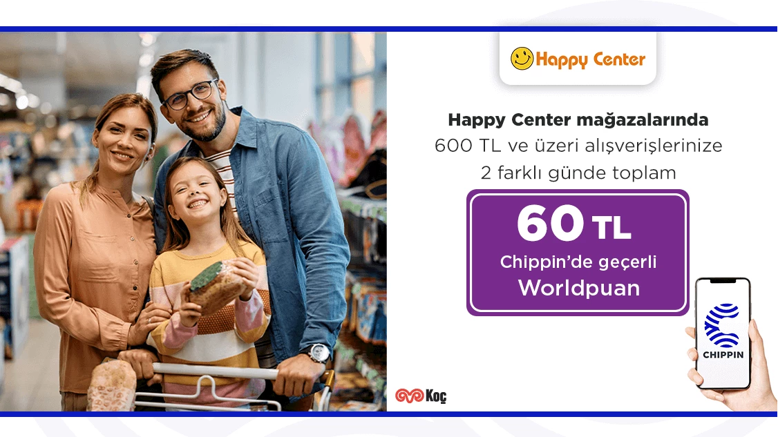 1-30 Eylül 2024 tarihleri arasında Happy Center fiziki marketlerinden tek seferde yapacağınız 600 TL ve üzeri alışverişlerinize 30 TL, 2 farklı günde yapılacak alışverişlere toplam Chippin’de geçerli 60 TL Worldpuan!