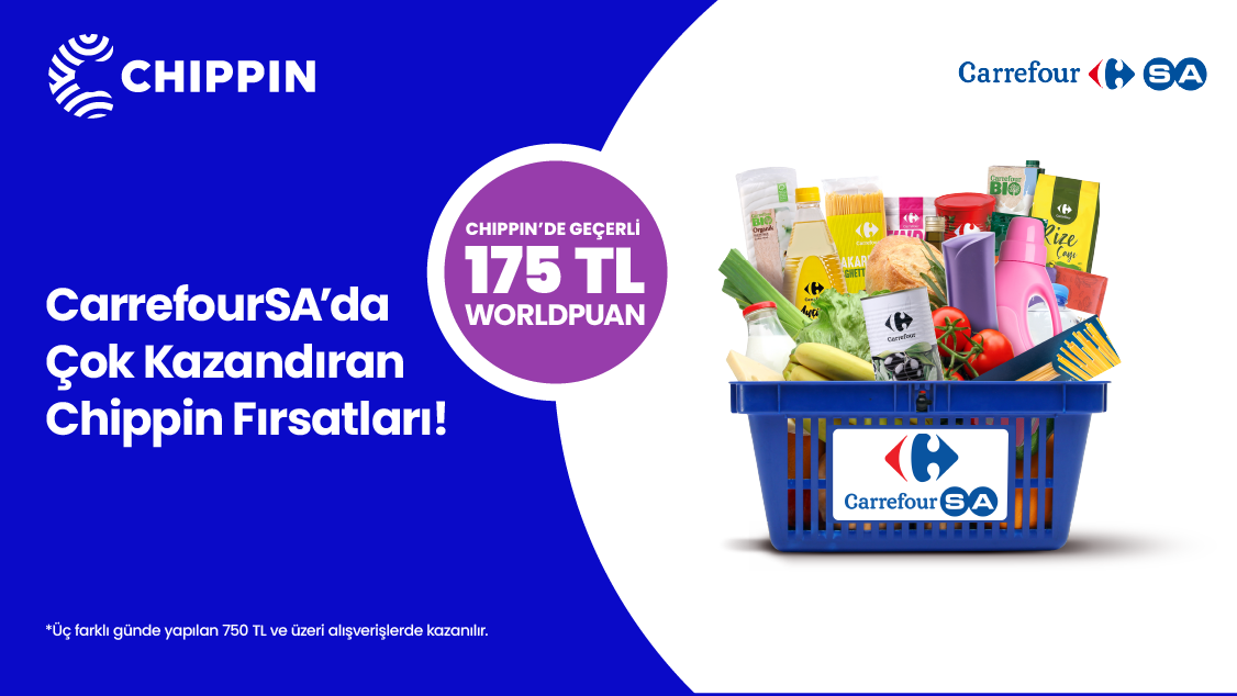 Chippin uygulaması üzerinden 9-31 Mayıs 2025 tarihleri arasında CarrefourSA’dan 3 farklı günde yapacağınız 750 TL ve üzeri alışverişinize Chippin’de geçerli 175 TL Worldpuan!