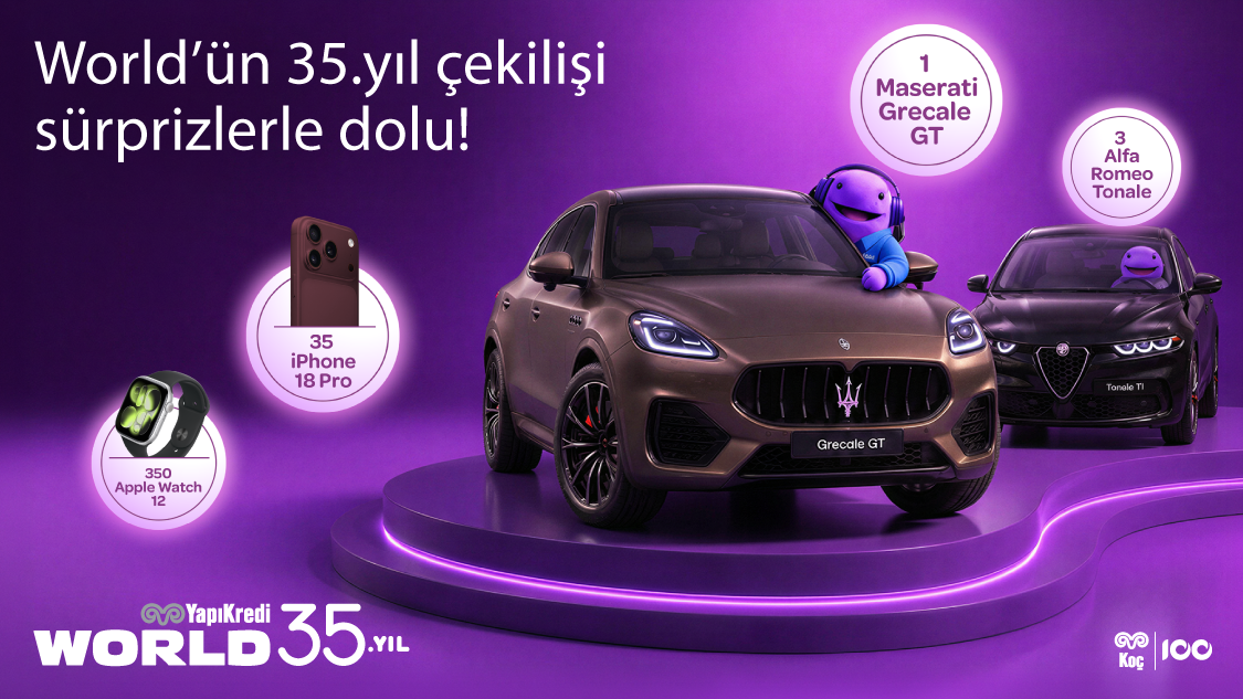 World’ün 35. yılına özel tek seferde yapacağınız harcamalarda her 350 TL için 1 çekiliş hakkı kazanın, harcamayı World Pay ile yapın çekiliş hakkınızı katlayın; 1 Maserati Grecale GT, 3 Alfa Romeo Tonale, 35 iPhone 18 Pro, 350 Apple Watch hediyelerinden birini kazanma şansı yakalayın!