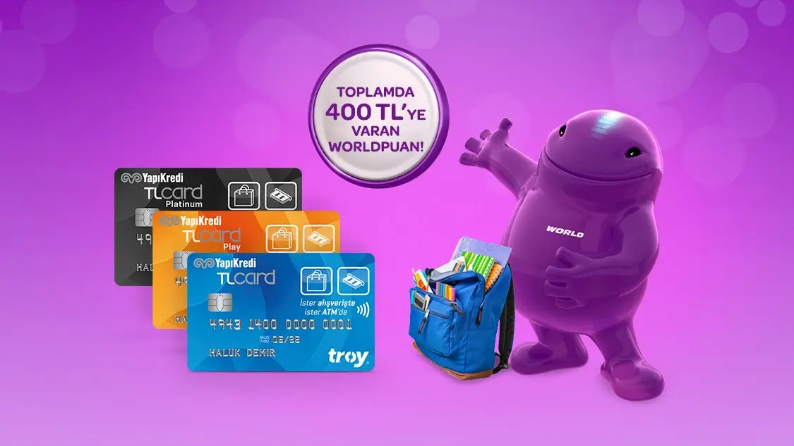 4-30 Eylül 2024 tarihleri arasında Troy logolu TLcard ile kırtasiye, kitap ve oyuncak sektörlerinde ilk 750 TL ve üzeri yapacağınız işlemden sonraki her 750 TL alışverişinize 75 TL, World Pay ile ödemelerde ek 25 TL, toplamda 400 TL’ye varan Puan!