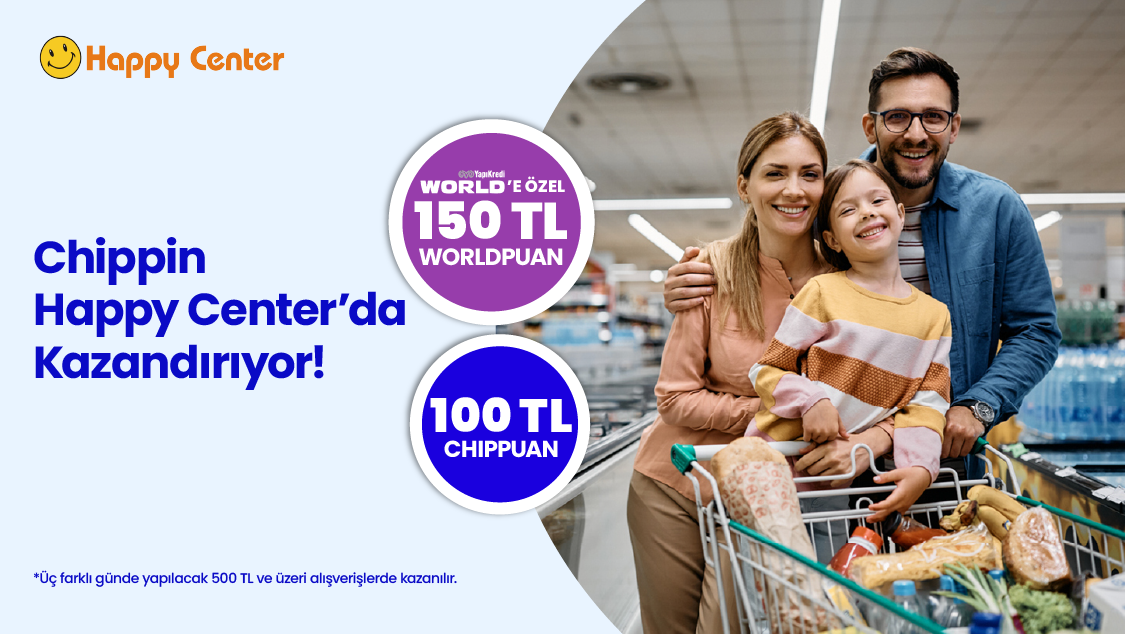 Happy Center'da Chippin uygulaması üzerinden 3 farklı günde yapacağınız 500 TL ve üzeri alışverişinize Chippin'de geçerli 150 TL Worldpuan ve 100 TL ChipPuan!