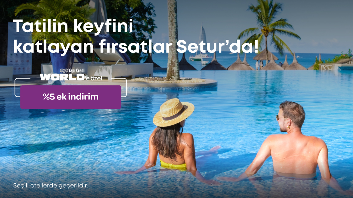 World’e özel setur.com.tr ve Setur Mobil uygulaması üzerinden veya 444 28 22 nolu Çağrı Merkezi, Setur Şube ve Yetkili Satış Acentelerinden yapılacak seçili yurt içi otel rezervasyonlarına %5 ek indirim!
