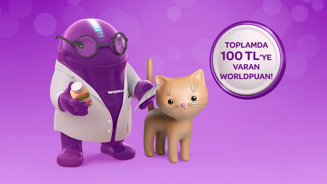 1000 TL ve üzeri petshop ve veteriner harcamalarınıza toplamda 100 TL’ye varan Worldpuan!