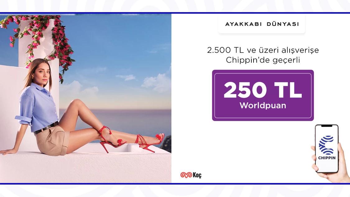 1-31 Temmuz 2024 tarihleri arasında Ayakkabı Dünyası fiziki mağazalarında Chippin uygulaması üzerinden yapacağınız 2.500 TL ve üzeri alışverişlerinize 250 TL sadece Chippin’de geçerli Worldpuan!