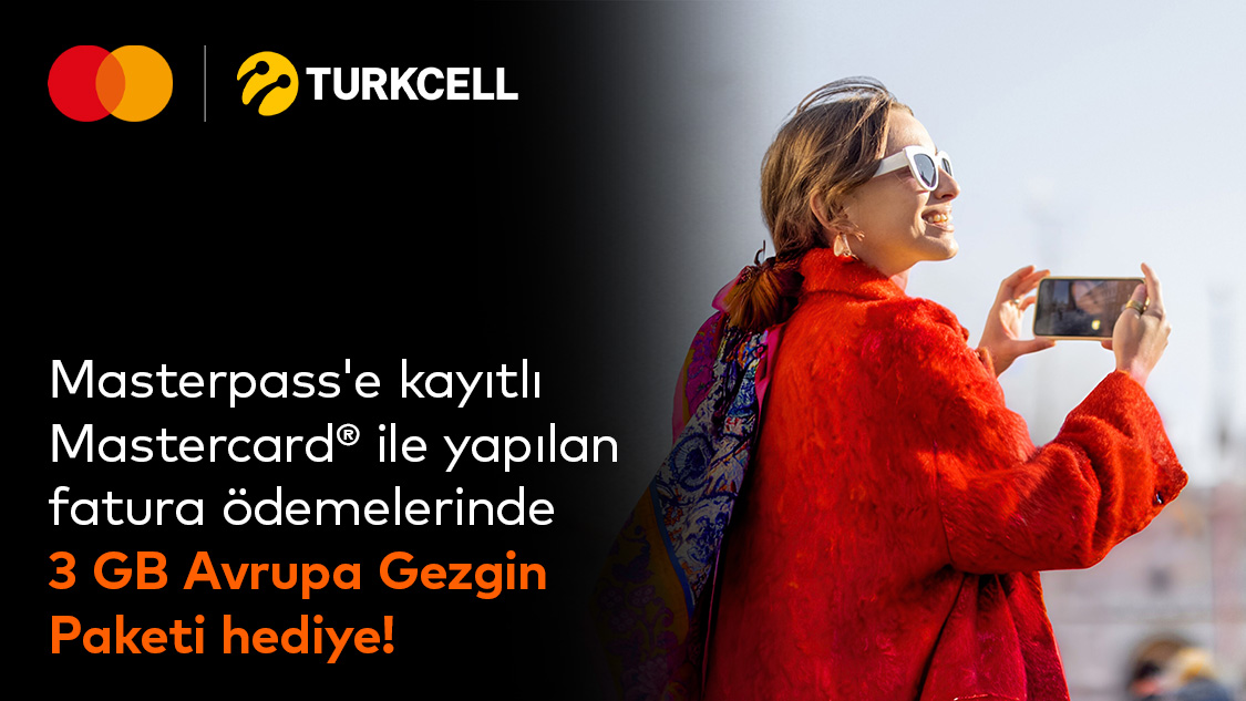 Masterpass’a kayıtlı Mastercard logolu Yapı Kredi banka kartı, ön ödemeli kart ve kredi kartı ile faturasını ödeyen Turkcell Platinum müşterilerine yurtdışında geçerli Avrupa Gezgin 3GB paketi hediye!
