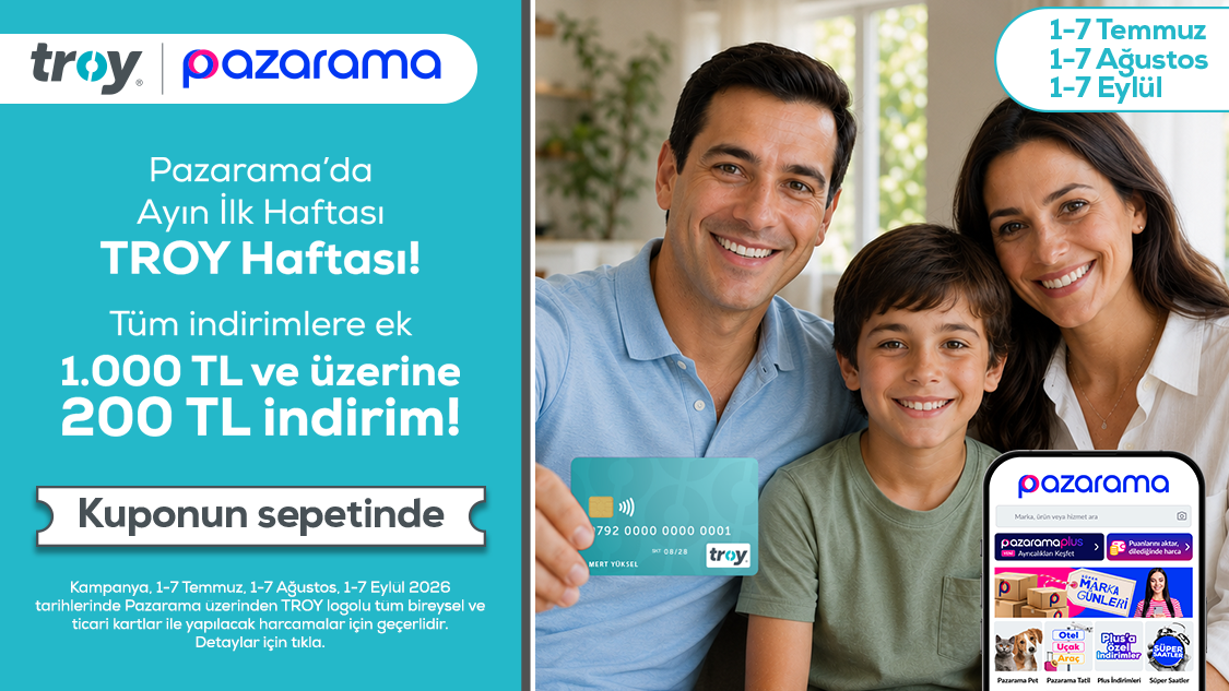 Ayın ilk haftasına özel TROY kartla Pazarama’da tek seferde 1.000 TL ve üzeri alışverişe 200 TL indirim!