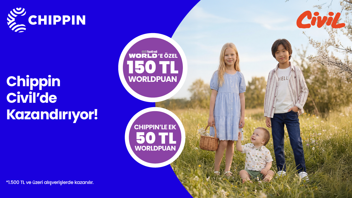 World’e özel Civil mağazalarından tek seferde yapılacak 1.500 TL ve üzeri alışverişe 150 TL, Chippin üzerinden yapılan ödemelere ek 50 TL, toplamda 200 TL’ye varan Worldpuan fırsatı!