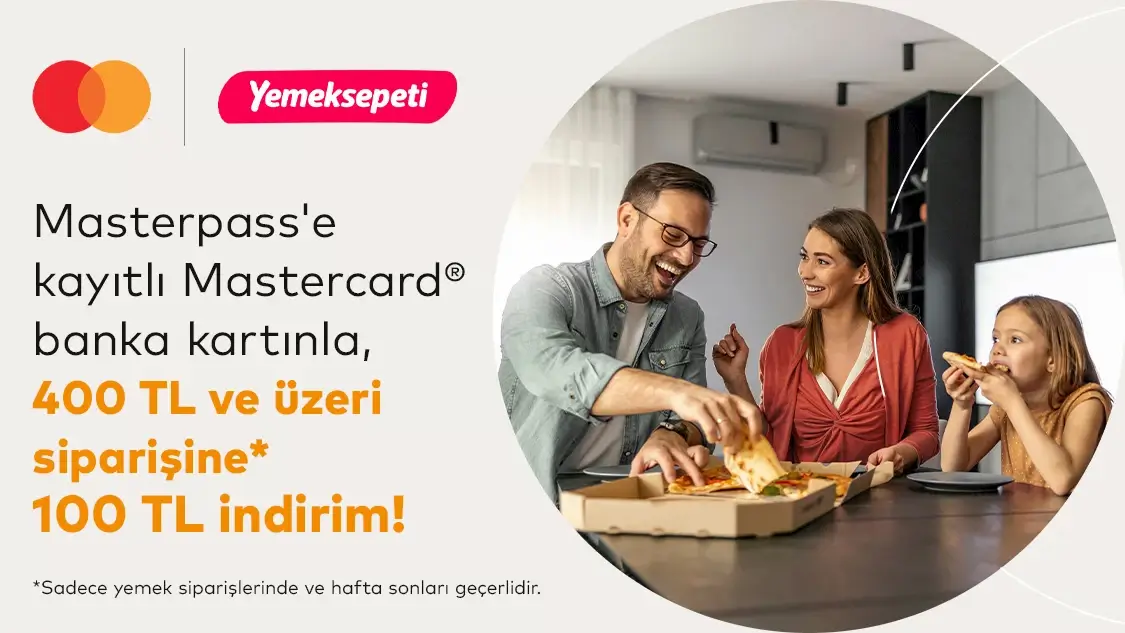Mastercard logolu Yapı Kredi banka kartı sahiplerine Yemeksepeti’nde 400 TL ve üzeri siparişlere 100 TL indirim!