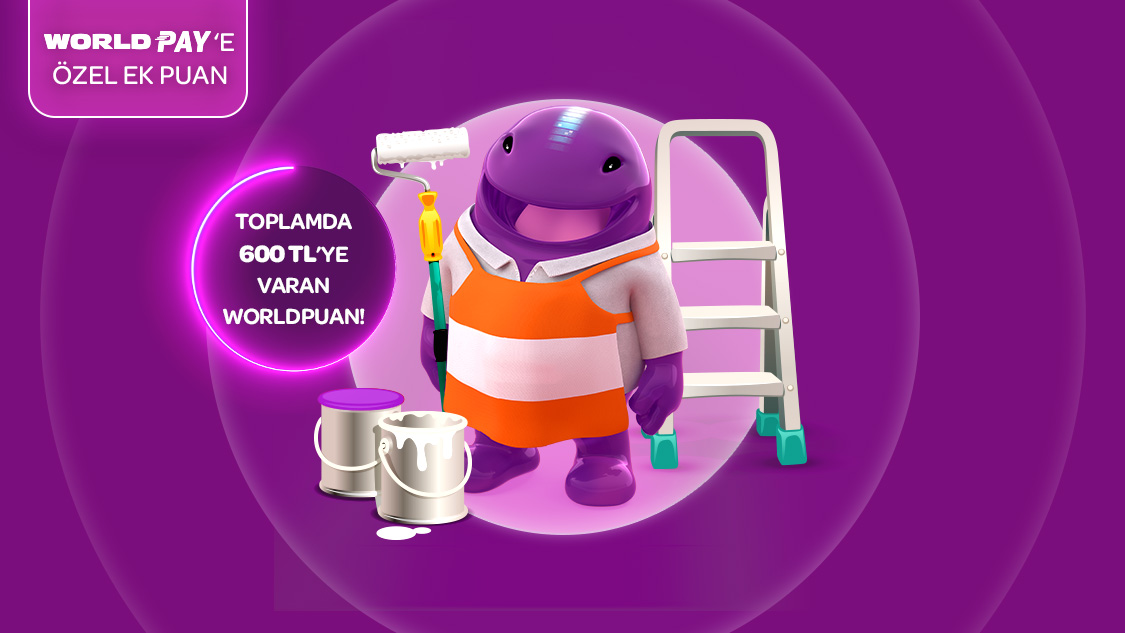 Yapı market sektöründe tek seferde yapacağınız her 25.000 TL ve üzeri alışverişinize 250 TL, World Pay ile ödemelerde ek 50 TL, toplamda 600 TL’ye varan Worldpuan!