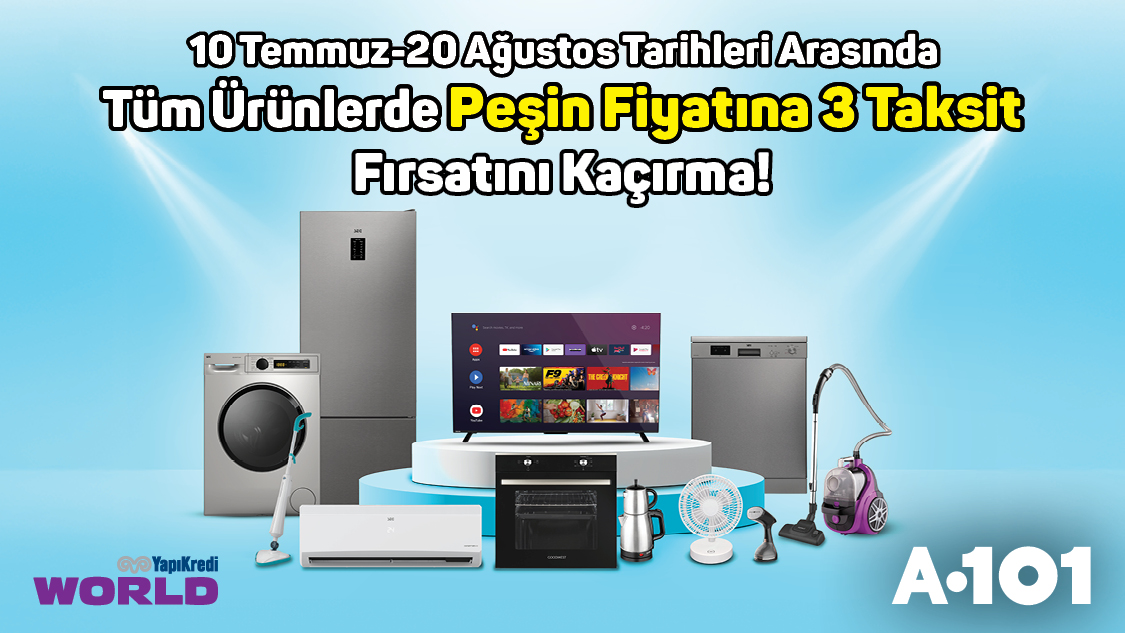 20 Ağustos 2025 tarihine kadar A101 mağazalarından, a101.com.tr’den ve A101 uygulamasından yapılacak 200 TL ve üzeri alışverişlerde peşin fiyatına 3 taksit fırsatını kaçırmayın!
