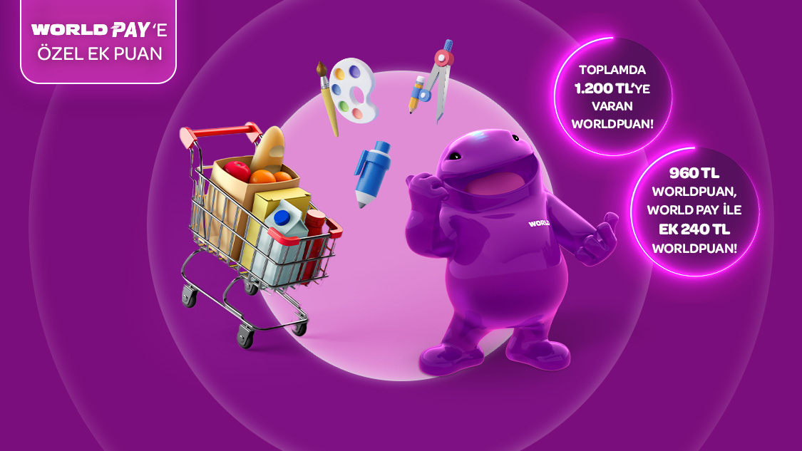 Gıda marketi, kasap, manav, şarküteri ve kırtasiye sektörlerinde tek seferde yapacağınız her 2.000 TL ve üzeri alışverişinize toplamda 1.200 TL’ye varan Worldpuan hediye!