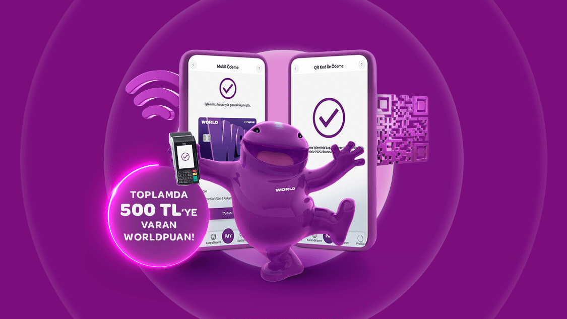 1-31 Temmuz 2025 tarihleri arasında POS'ta TR Karekod veya NFC Mobil Ödeme ile yapacağınız 1.000 TL ve üzeri her işleminize 25 TL, toplamda 500 TL Worldpuan!