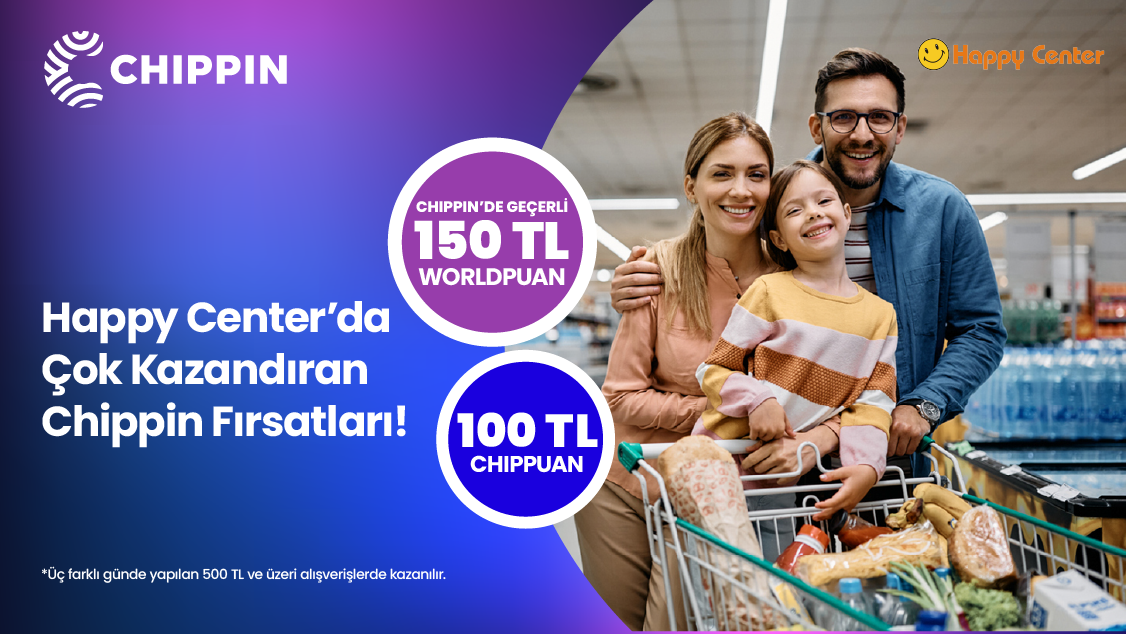 Chippin uygulaması üzerinden 1-30 Nisan 2025 tarihleri arasında Happy Center’dan 3 farklı günde yapacağınız 500 TL ve üzeri alışverişinize Chippin’de geçerli 150 TL Worldpuan ve 100 TL ChipPuan!