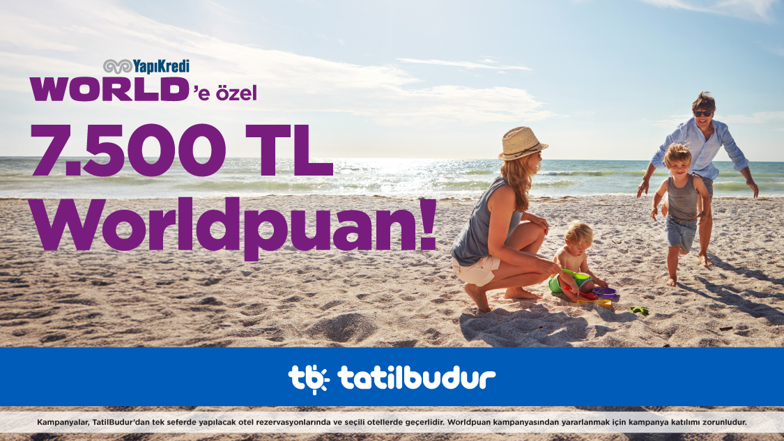 1-31 Temmuz 2025 tarihleri arasında Tatilbudur.com, TatilBudur mobil uygulaması ,TatilBudur çağrı merkezi ve acenteler üzerinden  tek seferde yapılacak peşin, 3 taksitli veya 6 taksitli alışverişlerde yurt içi ve  Kuzey Kıbrıs otel rezervasyonlarında geçerli; 45.000 TL-69.999 TL arası harcamaya 2.500 TL, 70.000 TL - 119.999 TL arası harcamaya 5.000 TL, 120.000 TL ve üzeri harcamaya 7.500 TL Worldpuan!