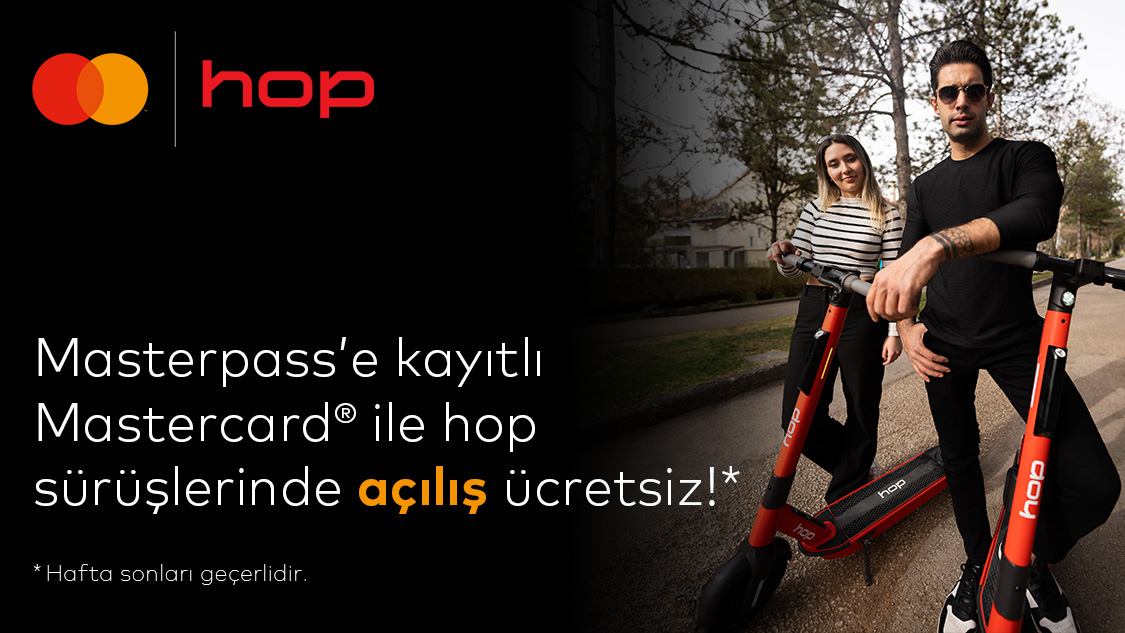 5 – 27 Ekim 2024 tarihleri arasında hafta sonlarına özel Mastercard logolu Yapı Kredi kartlarına Hop sürüşlerinde ücretsiz açılış fırsatı!