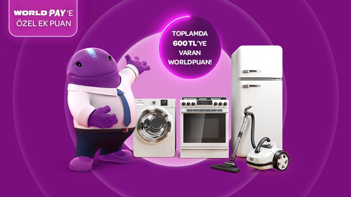 1-30 Nisan tarihleri arasında beyaz eşya sektöründe tek seferde yapacağınız 35.000 TL ve üzeri harcamanıza 250 TL, World Pay ile ödemelerde ek 50 TL, toplamda 600 TL’ye varan Worldpuan hediye!