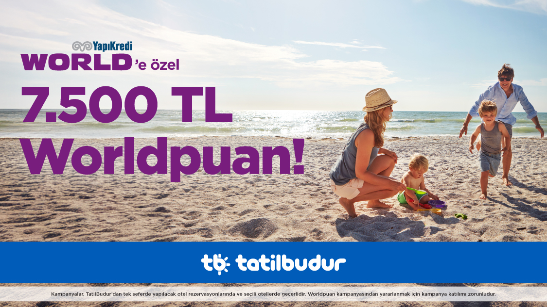 1-30 Haziran 2025 tarihleri arasında Tatilbudur.com, TatilBudur mobil uygulaması ,TatilBudur çağrı merkezi ve acenteler üzerinden  tek seferde yapılacak peşin, 3 taksitli veya 6 taksitli alışverişlerde yurt içi ve  Kuzey Kıbrıs otel rezervasyonlarında geçerli; 45.000 TL-69.999 TL arası harcamaya 2.500 TL, 70.000 TL - 119.999 TL arası harcamaya 5.000 TL, 120.000 TL ve üzeri harcamaya 7.500 TL Worldpuan!