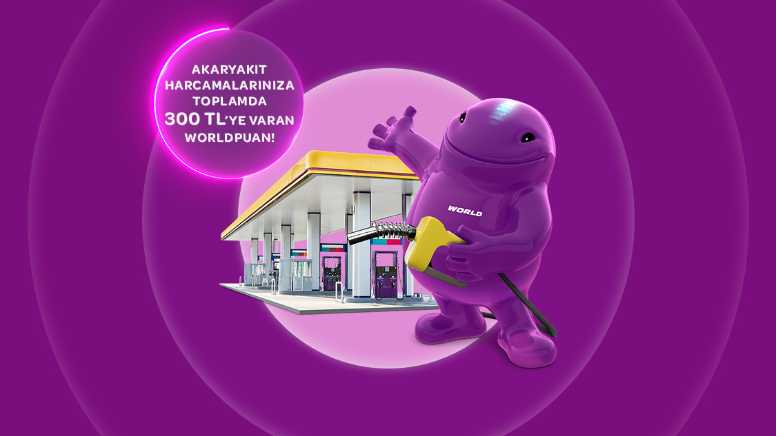 31 Mart’a kadar tek seferde ve farklı günlerde yapacağınız 4 adet 1.000 TL ve üzeri akaryakıt ve otogaz harcamanıza 250 TL, World Pay ile ödemelerde ek 50 TL, toplamda 300 TL’ye varan Worldpuan hediye!